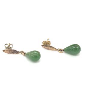 Green Jade Stone Drop Pierced Earrings Silver